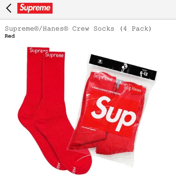 Supreme Hanes Crew Socks Red (4-Pack) Sealed FW19 - Picture 4 of 4